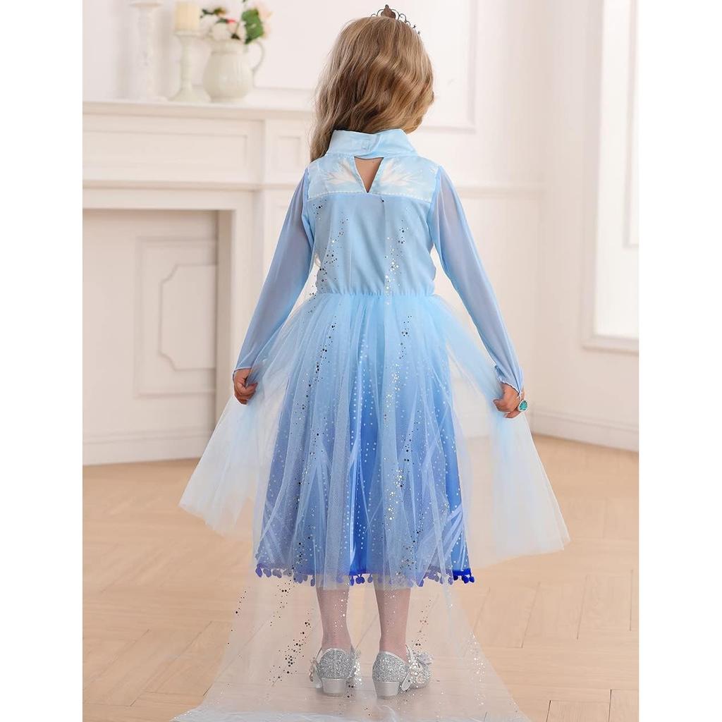 Frozen 2 Kids Elsa Dress Set with Crown, Wig and Accessories, Ice Queen, Fine Fabric, 5-6 Years, 130cm, Blue