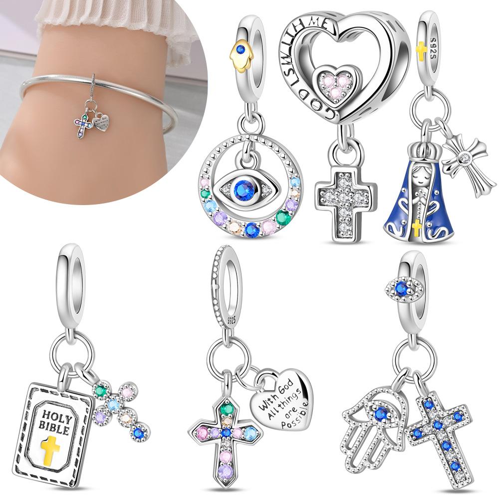 Authentic Original Charm Bead Components Blue Lucky Symbol Cross Heart Pendant Bead Component Copper Metal Bead Component Compatible With Bracelet
