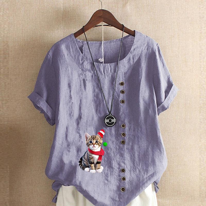Women's Fashion Cat Prined Short Sleeve T-shirt Loose Cotton Shirt Casual Loose Summer Blouse Tops Plus Size