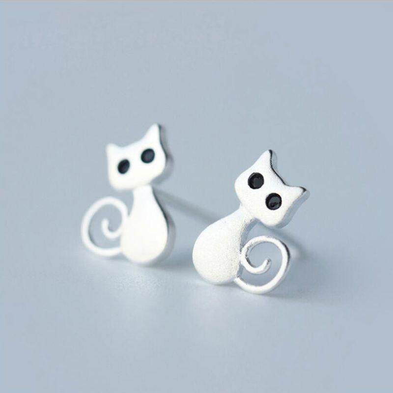 Cute Shiny Black Eyes Crystal Cat Stud Earrings for Women Dainty Fashion Jewelry for School Daily Wear Gift