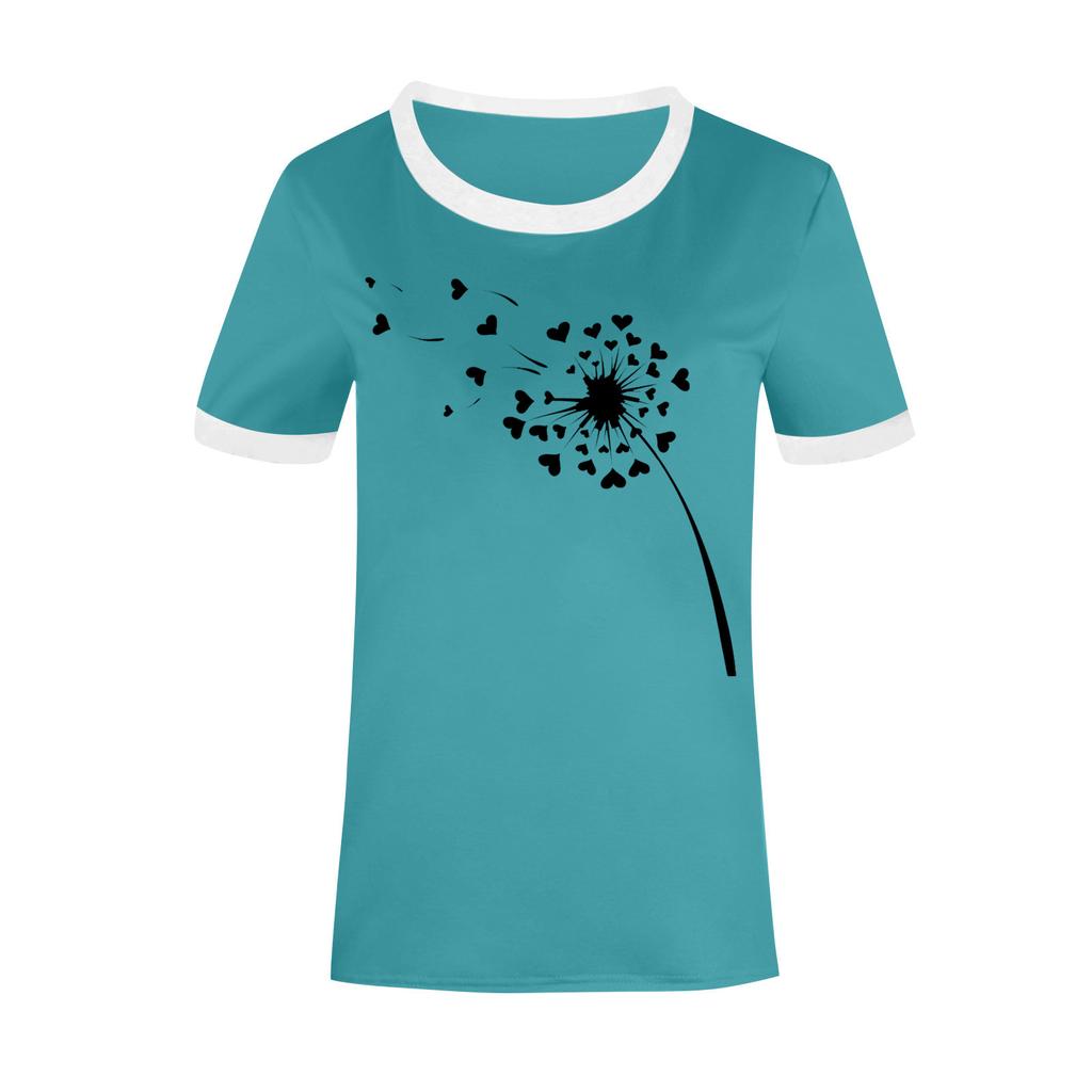 Ladies Cute Printed Short Sleeve Round Neck Front Shoulder Vintage Short Sleeve Summer Loose Shirt Top