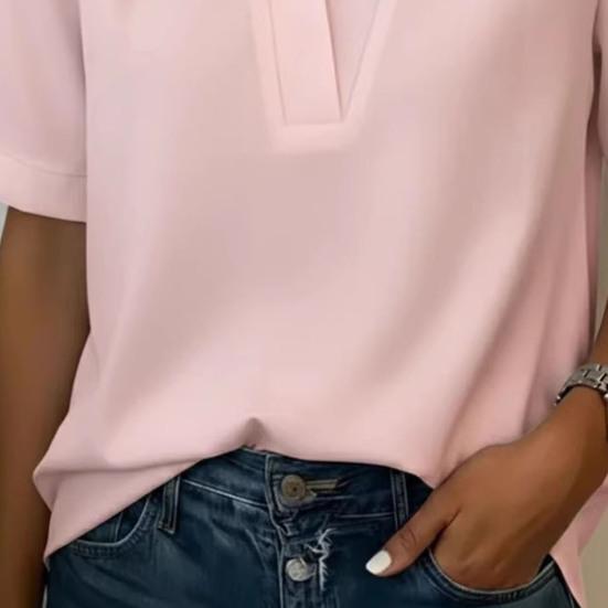 Women Shirt V-neck Open Collar Short Sleeve Loose Fit Casual Tops Pure Color Versatile Style Shirt Summer Work Casual Wear
