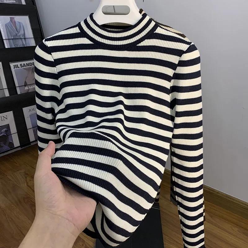 Sweater for Women Winter Thickened Pullover Stripes Warm Knitted Stretchy Long Sleeve Oversize Jumper Sweater Tops