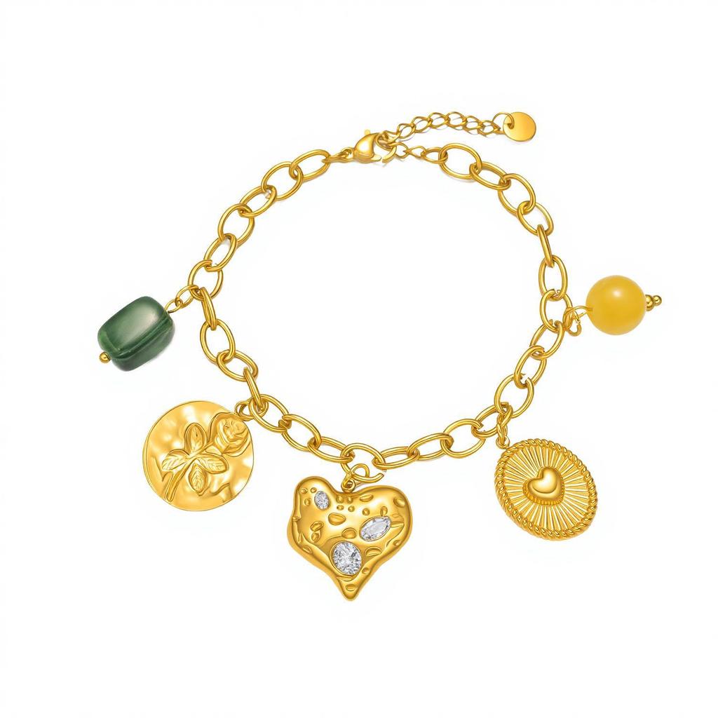 European & American Titanium Steel Heart Pendant Bracelet with Diamond Inlay - Versatile Stainless Steel Jewelry for Women