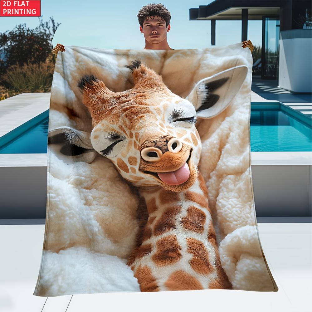 [Portable Flannel Blanket] 2D Flat 1pc Giraffe in Soft Bed Portable Blanket- Lightweight Flannel Throwfor Sofa, Travel, Camping,