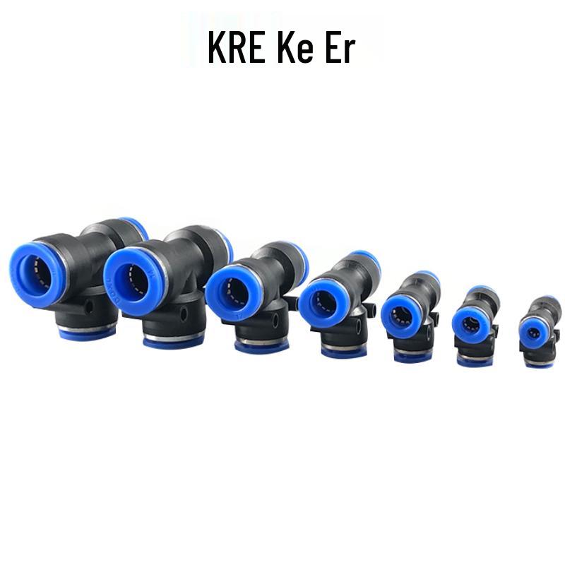 T-Type Pneumatic Hose Quick Connector, Push-in, PE Plastic, Sizes 4-16mm