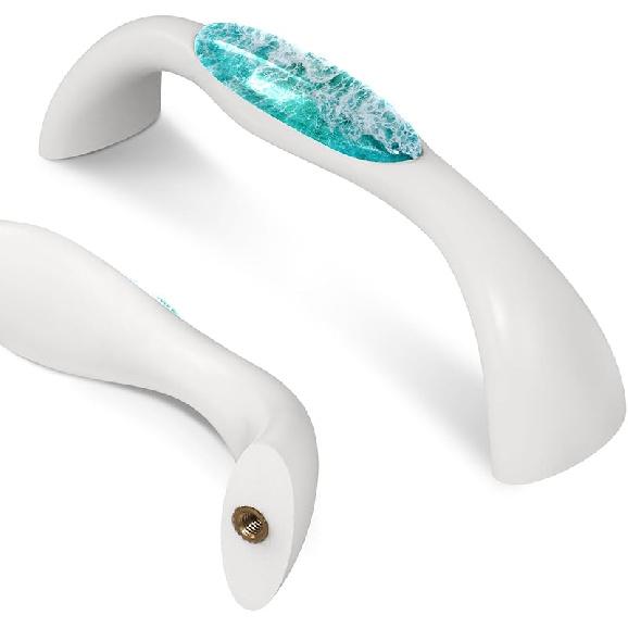 LORVIES 4 Pack 5.6" Marble Decorative Cabinet Knobs, ABS Glass Wavy Long White, Drawer Dresser Door Handles Pulls for Home Kitchen Bedroom (Turquoise