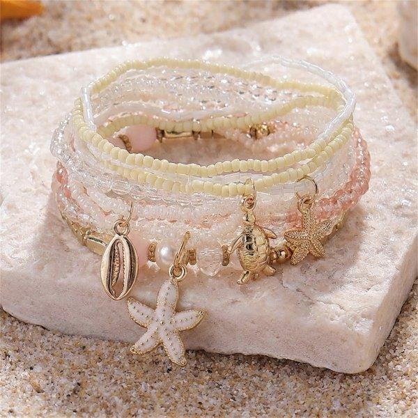 Boho-Mehrlagen-Perlenarmband-Set für Damen Sommer Ozean Strand Seestern Muschel Anhänger Elastische Armreifen Urlaubs Schmuck
