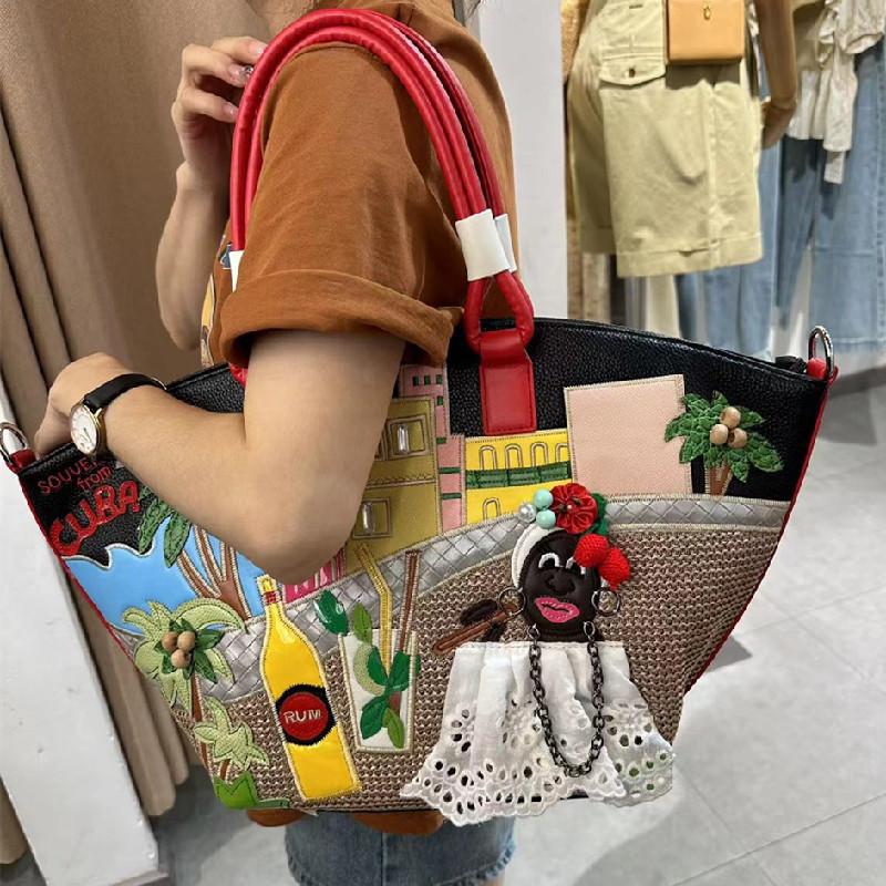Printemps Nouvelle Mode Grand Sac Fourre-Tout Créatif Épissage Brodé Sacs à Bandoulière pour Femmes Sac Panier Haute Capacité Européen Américain Rétro Sacs à Main pour Dames