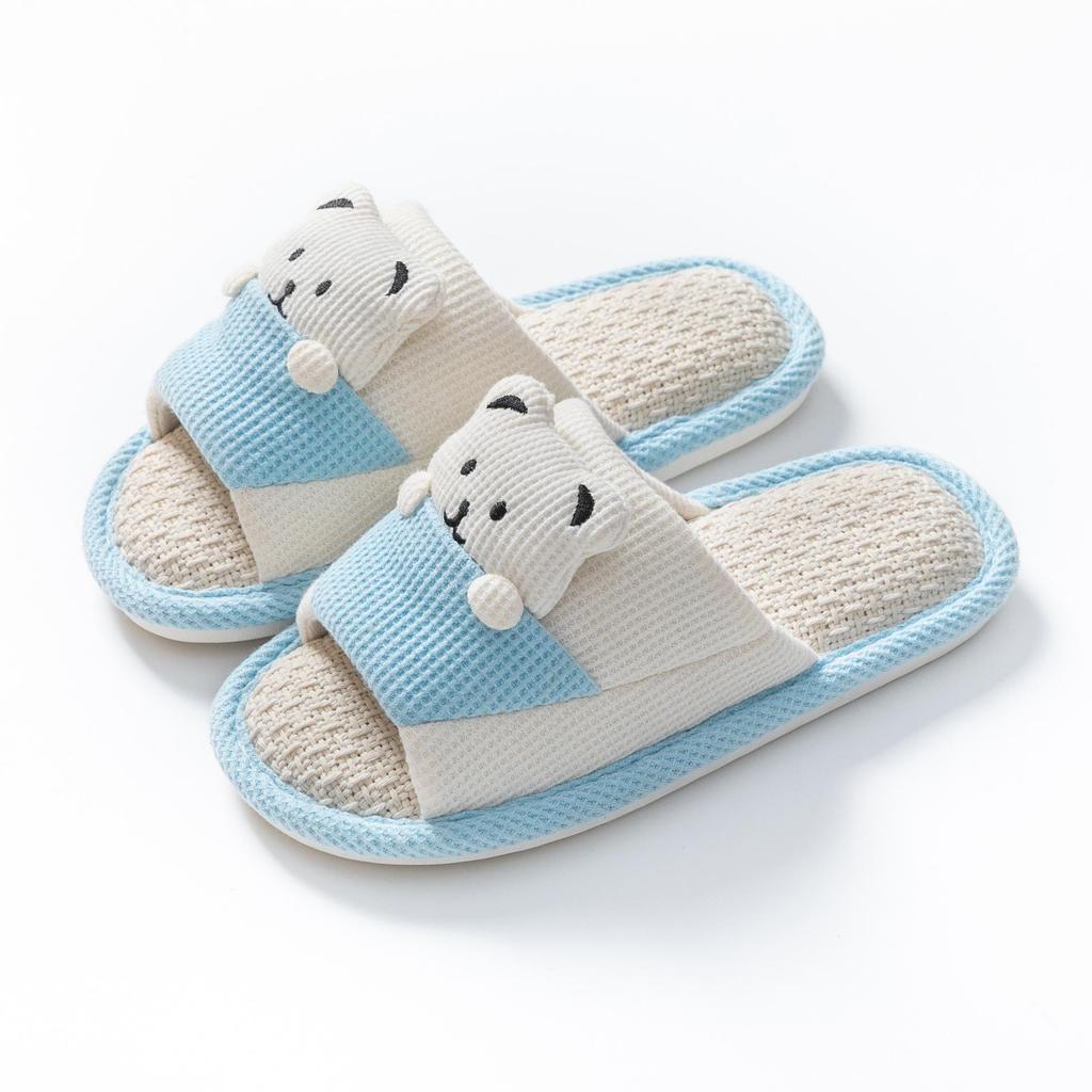 Women's Cartoon Bear Open-Toe Linen Slippers - Cozy Indoor Footwear for All Seasons