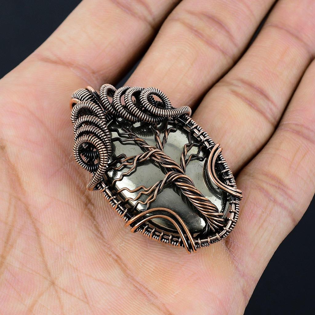 Tree Of Life Golden Apache Pyrite Pendant, 999 Copper Wire Wrapped Jewelry, Gemstone Pendant, Gift For Her Handmade Dainty Jewelry