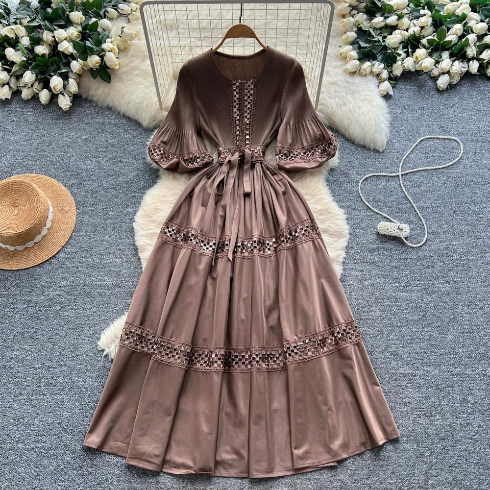High-End Heavywork Lacing Paillette-Panel Waist-Banding Lantern Sleeve Maxi Dress for Women Autumn Charming Long Women Dress