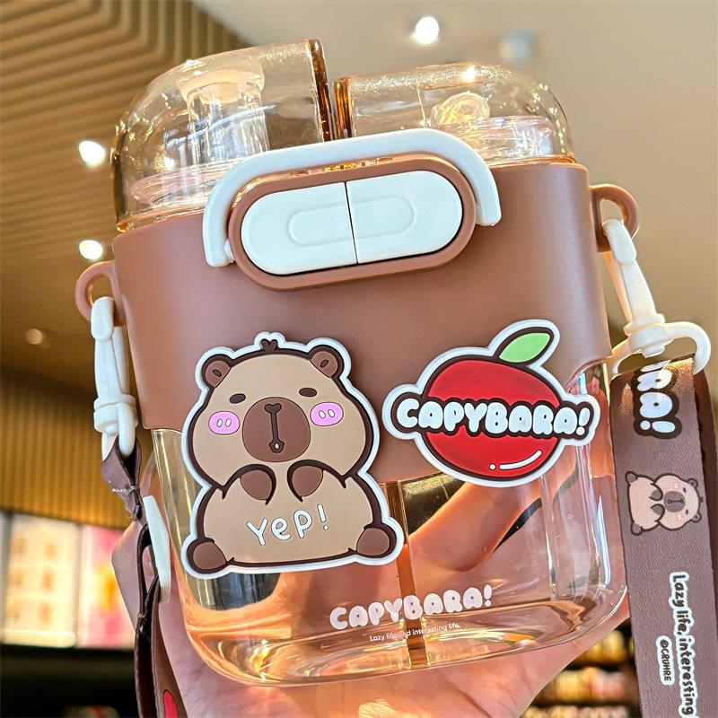 

600ml Cartoon Double Drink Sub-warehouse Plastic Water Bottle Kids Capybara Outdoor Portable Plastic Summer Cup Student Large Capacity Strap Straw Cup 600ml
