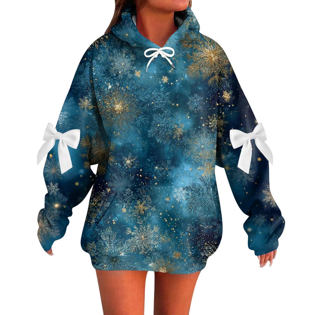 Ladies' Christmas Printed Bow Long Sleeved Loose Fitting Headband With Rope Hooded Sweatshirt Top
