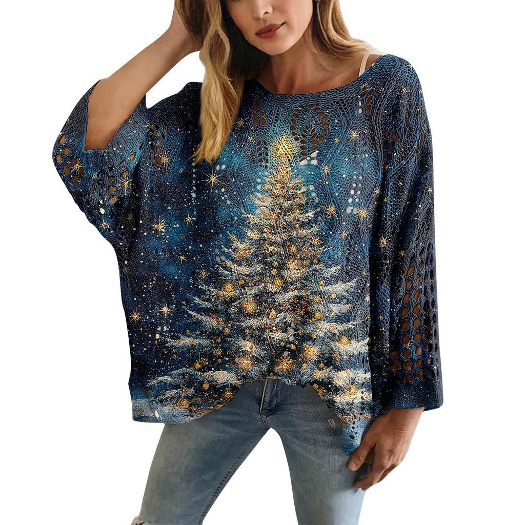 XY-LK01-Pullover hollow blouse 3D printed sweater spring and summer new