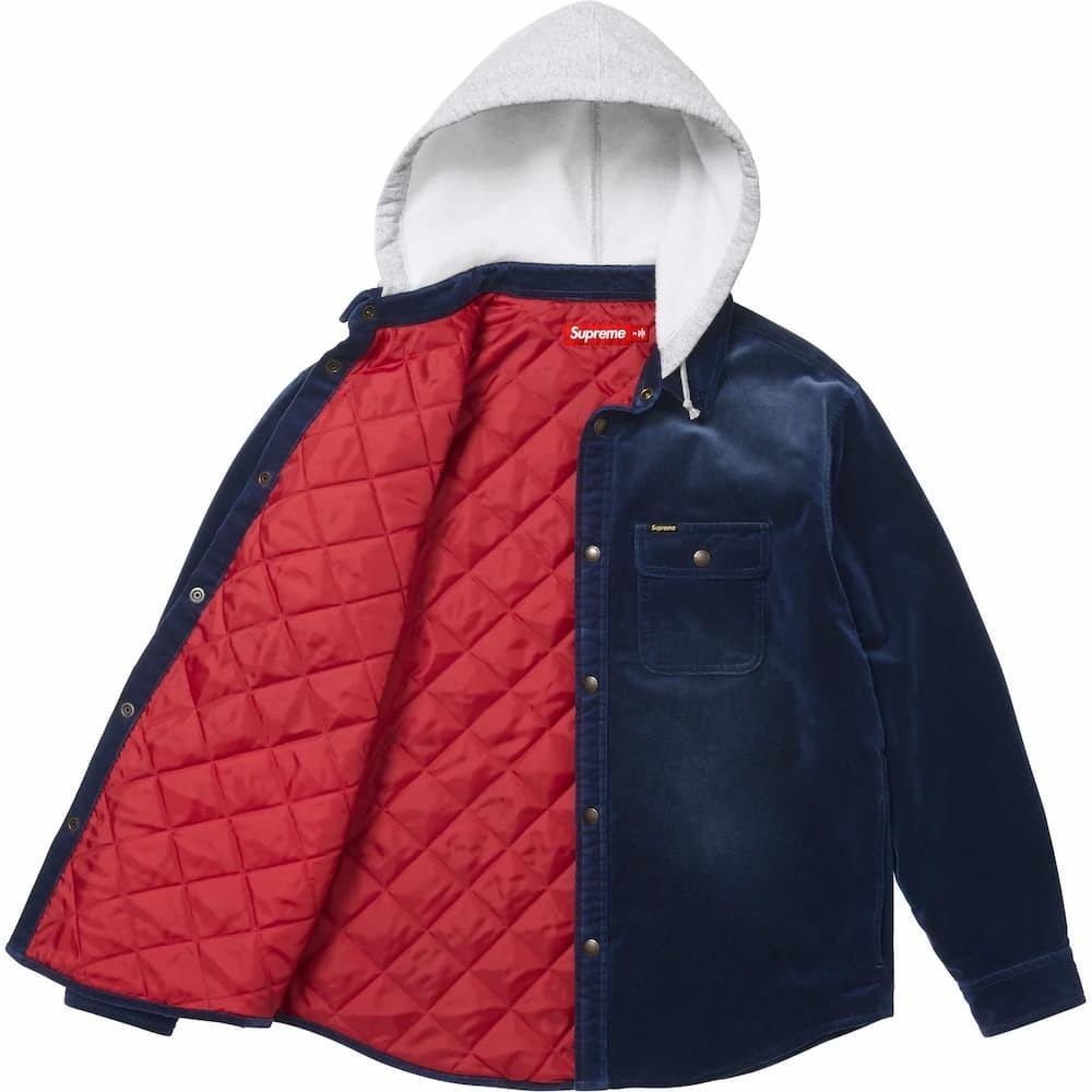 Supreme Quilted Lined Hooded Velvet Snap Shirt Navy