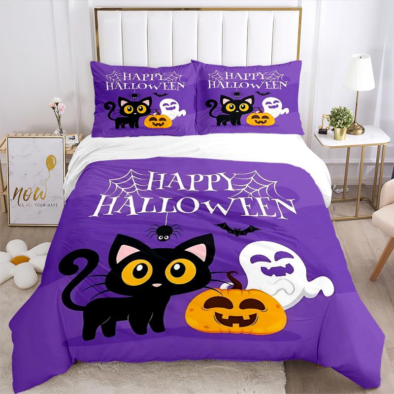 3pcs Happy Halloween Cat Spider Ghost Printed Quilt Set - Includes 1 Quilt Cover and 2 Pillowcases, Machine Washable - Suitable for All Seasons.H