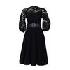 Women's Mock Neck Three Quarter Sleeve Midi Dress Loose Fit High Waist Elegant Hollow Lace Pleated A Line Dress Party Formal Dress