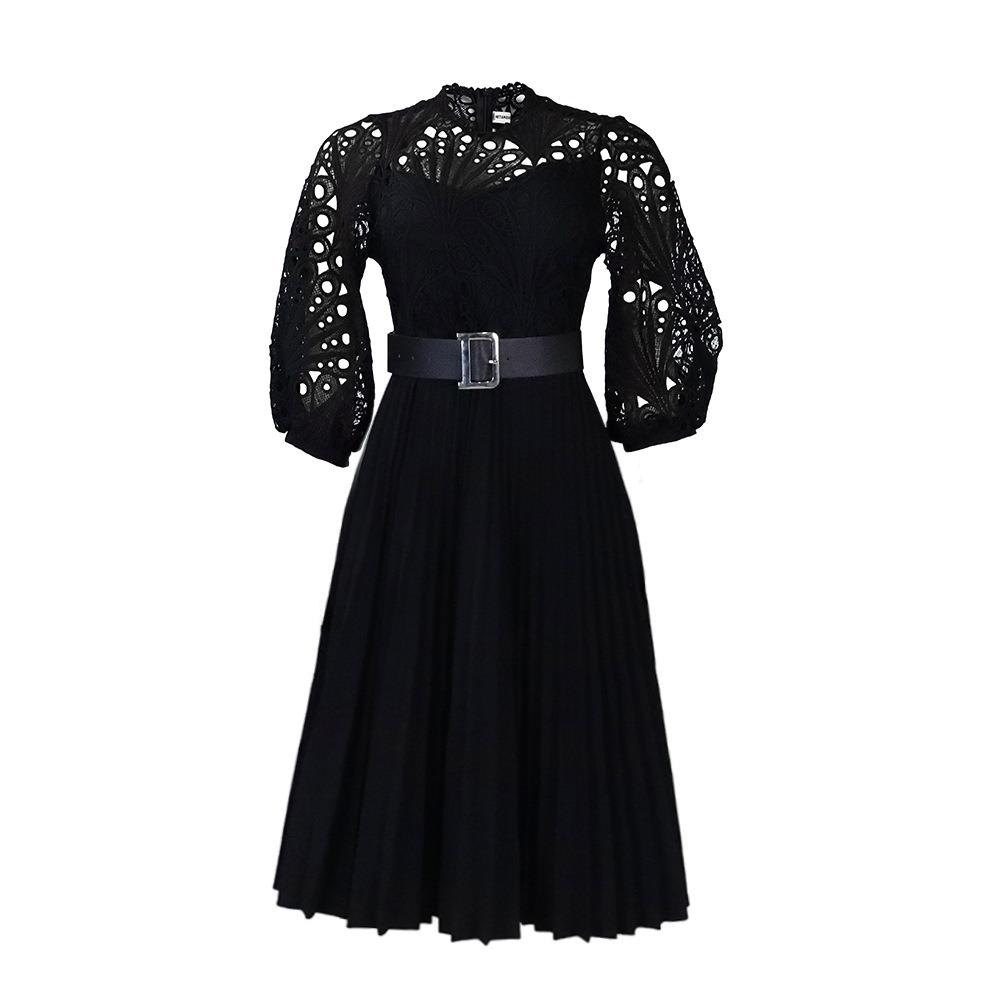 Women's Mock Neck Three Quarter Sleeve Midi Dress Loose Fit High Waist Elegant Hollow Lace Pleated A Line Dress Party Formal Dress