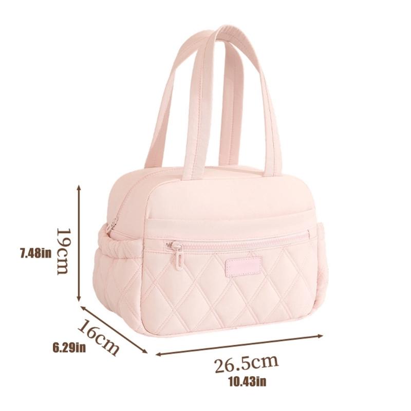 Large Capacity Thermal Lunch Bag With Zippers Front Pocket And Bottle Holders Quilted Handheld Meal Carriers