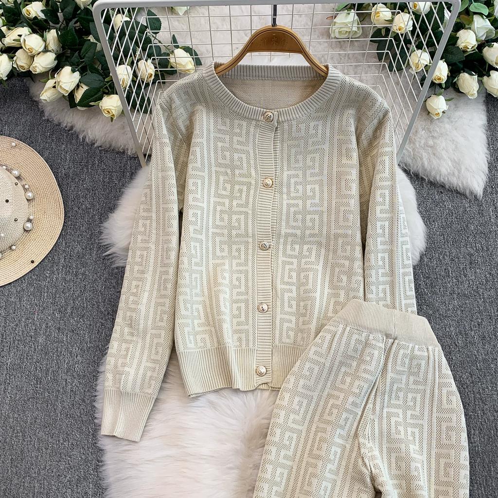 Jesień Zima Damski Designerski Wzorzysty Dzianinowy Sweter Spodnie Dwuczęściowy Zestaw Długi Rękaw Jednorzędowa Kurtka Top i Spodnie z Elastycznym Pasem Dres