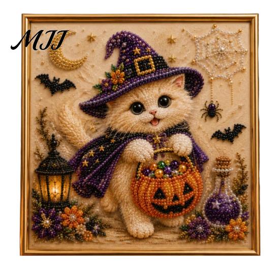 Interactive Crafts for Kids And Parents Halloween Witch Hat Cat DIY 3D Pearl Painting Kit with Frame, Hand-Pasted Art Craft Adults, Relaxing