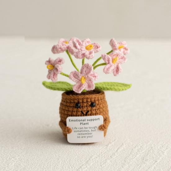 Heklet potteplante med positivt kort Emosjonell støtte Håndlaget strikket potteplante Dukke Stressreduserende leketøy Skrivebordsdekorasjon Ornament