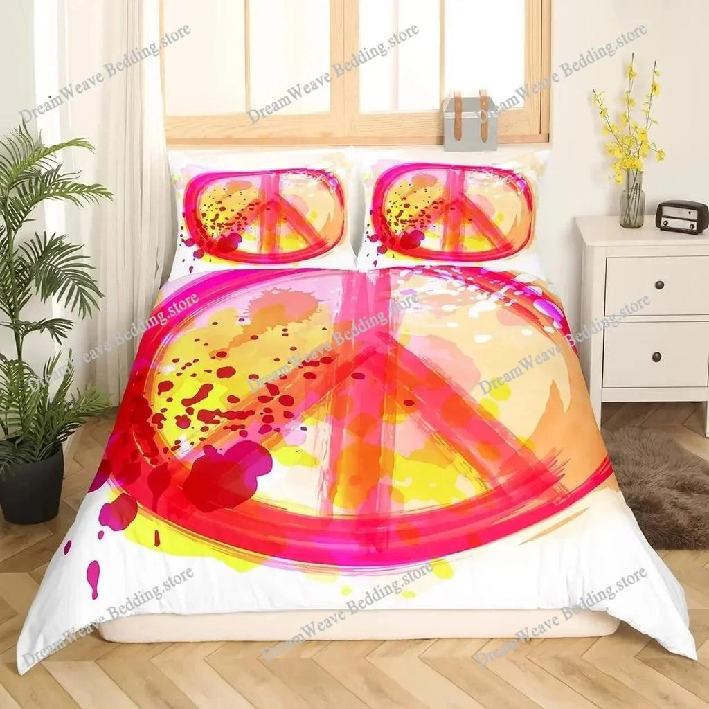 Peace Symbol Duvet Cover Set for Kids Boys Girls,Happiness World Bedding Set Queen Size,Green Brown Red Soft Bedroom Decor741