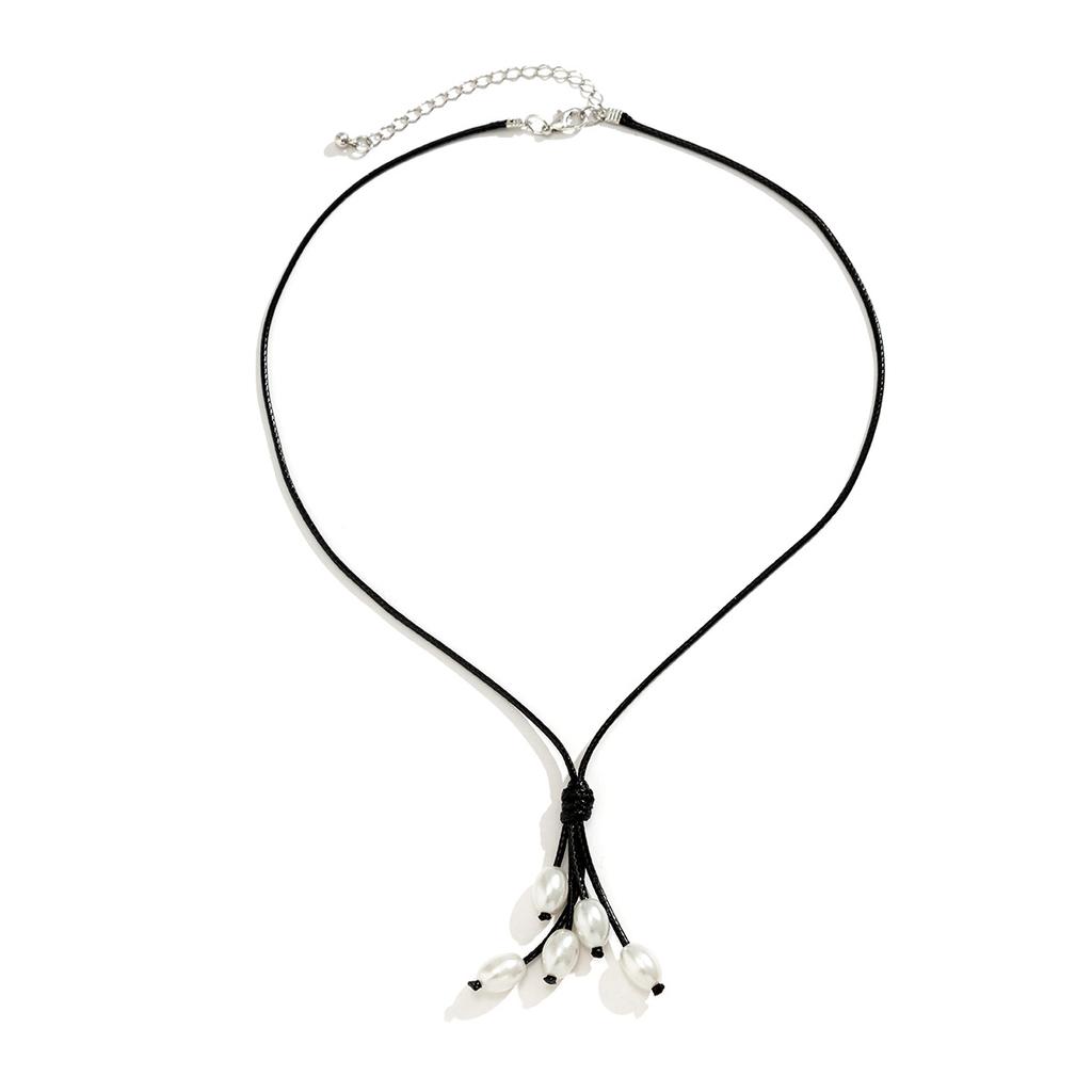 Accessories, Simple Wax Thread Geometric Necklaces, Temperament Rice-shaped Imitation Pearl Fringed Pendant Necklace Women