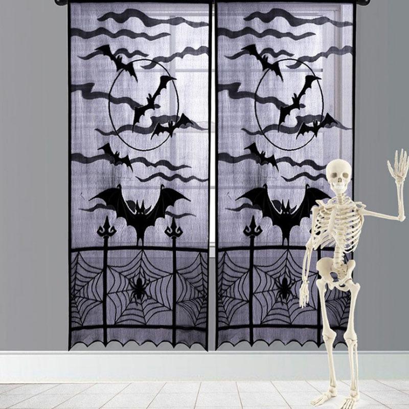 1Pcs Bat Spider Halloween Curtain Black Lace Spider Door Curtain Home Festival Decoration Halloween Bat Curtain Party Decoration