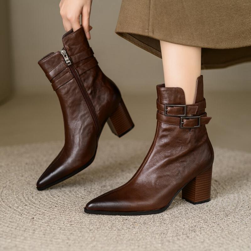 Fashion NEW Autumn Women Boots Pointed Toe Chunky Heel Boots Split Leather Shoes for Women Short Modern Boots Winter Belt Buckle Boots