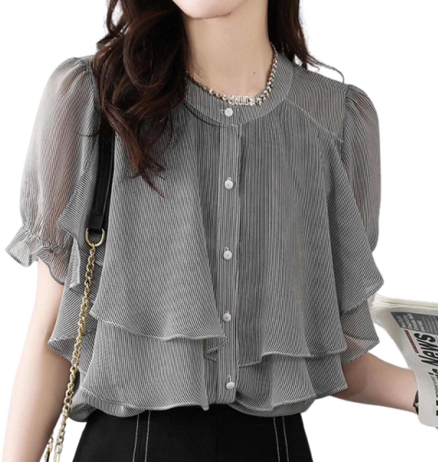 

MARIA MARFA Chiffon Sheer Size Blouse, Striped, Layered, Flared, Sheer, Sleeves, L, Gray, 5S-M18-GYL