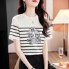 Fashion Printed Silk Short-sleeved T-shirt Top Women's Summer New Mulberry Silk Short Striped Shirt