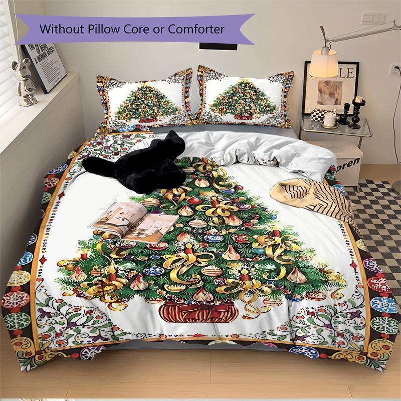 3pcs Christmas Tree with Star Beaded Holiday Bedding Set Includes One Quilt Cover and Two Pillowcases (No Core) - Festive Decorative Bedding for Bedro