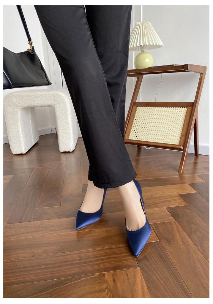 Women's Satin High Heels: Comfortable, Thin Heel, Pointed Toe, Blue, Spring-Autumn Style, Classy Work Shoes.