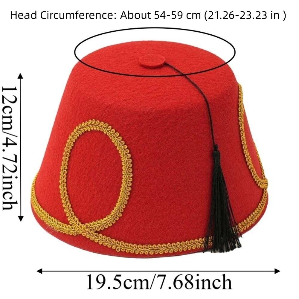 Chapeau Fez Turc à Pompon Noir Décor Feuille d'Or Tissu Feutre de Laine Casquette Marocaine Bordure Tressée Dorée Structure Rigide Chapeaux de Fête en Feutre
