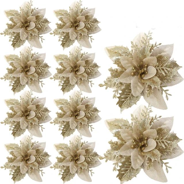 5/10Pcs 14.5cm Sparkling Christmas Decorations Glitter Artifical Flower Doors Windows Christmas Tree Decor for 2025 New Year