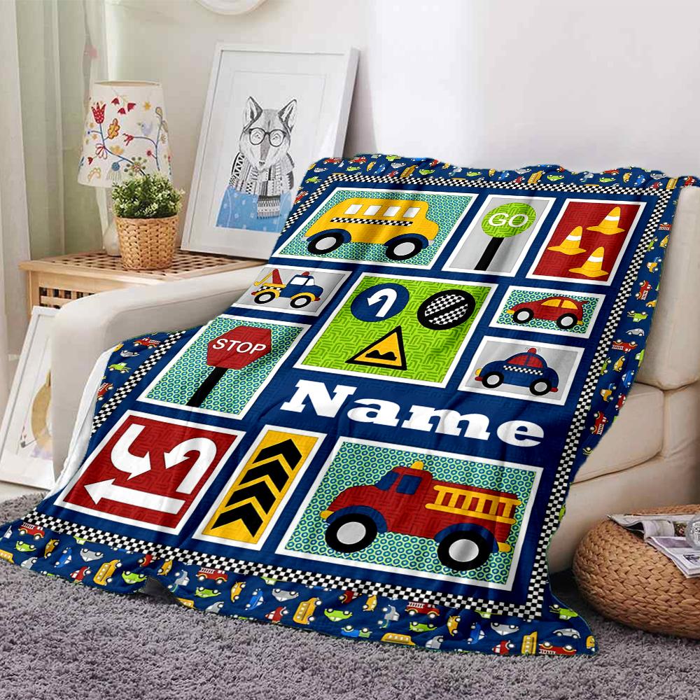 Custom Name Cute Cars Theme Printed Blanket - Perfect for Couch, Bed, Travel & Outdoor Use | Machine Washable, Cozy & Durable.