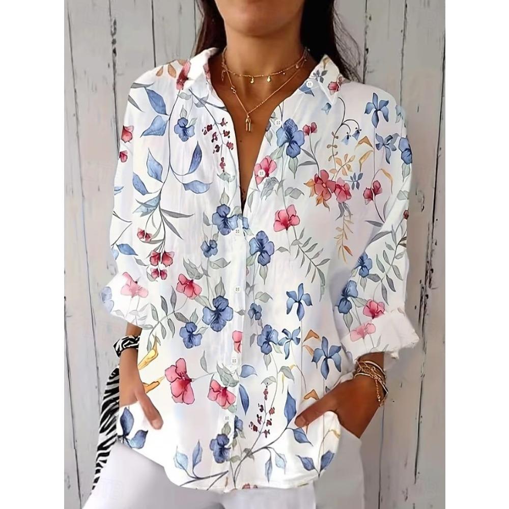 Women's Shirt Ruched Floral Graphic Elegant Vacation Stylish 3/4 Length Sleeve Shirt Collar Crop Tops Casual