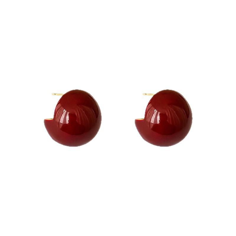 Autumn and winter new red ear clips without ear holes, simple retro burgundy small ball studs, Hong Kong style earrings, temperament earrings
