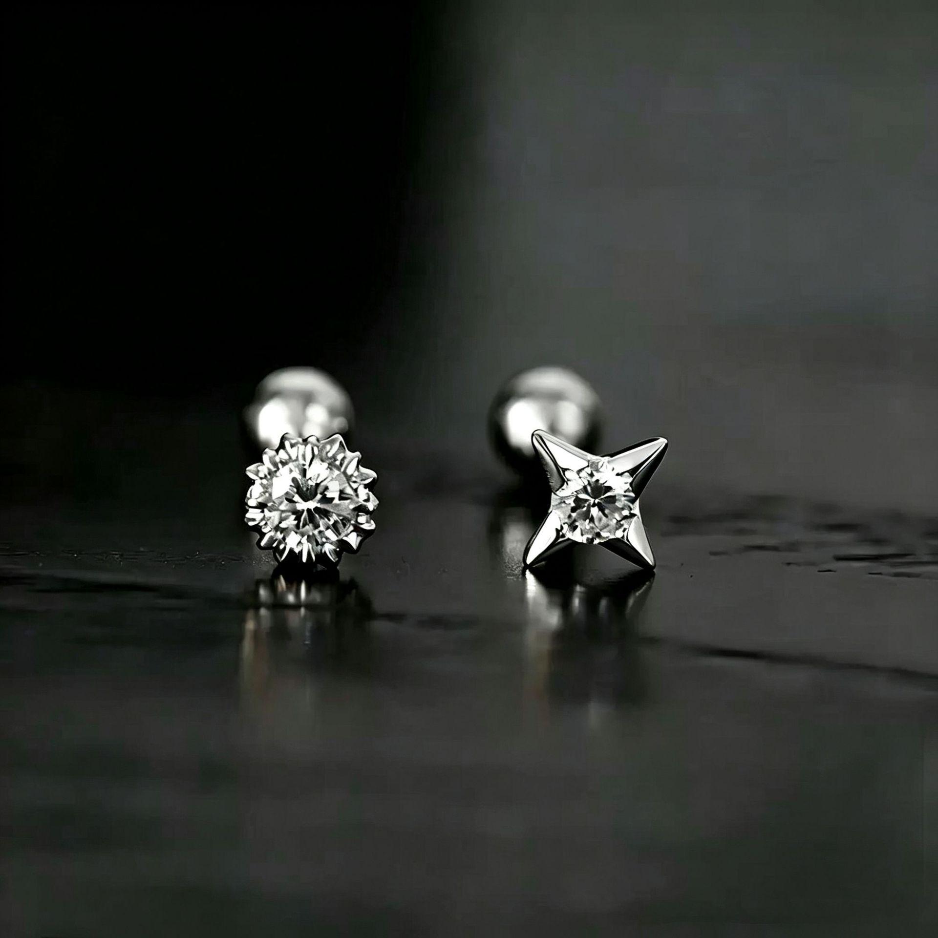S999 Sterling Silver Asymmetrical Diamond Stud Earrings, Unisex, Simple, Fashionable, Screw Back Pure Silver