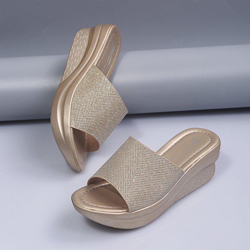 Spring and summer new muffin bottom slope heel solid color large size one-word fashion slippers