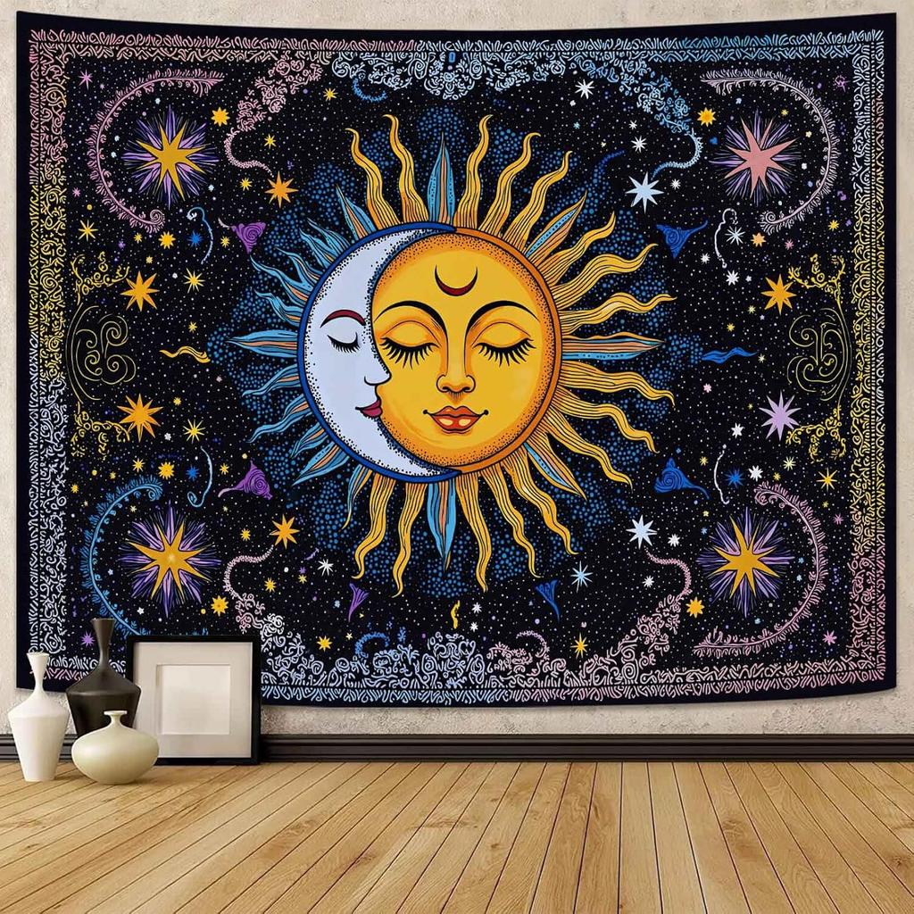 Boho Sun and Moon Tapestry, Colorful Celestial Starry Sky Mandala Print Wall Hanging for Bedroom Living Room Dorm Decor