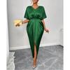 Women'S Summer New Elegant V-Neck Short-Sleeve High-Waisted One-Piece Slit Dress Long
