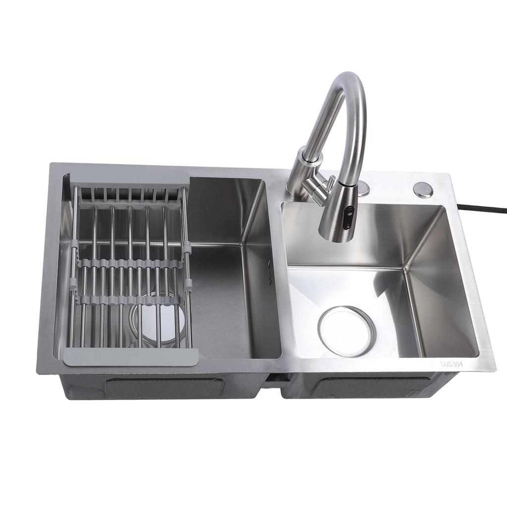 Drop in Kitchen Sink Kit 304 Stainless Steel Pull Out Faucet 3 Hole Double Bowl Sink with Drain