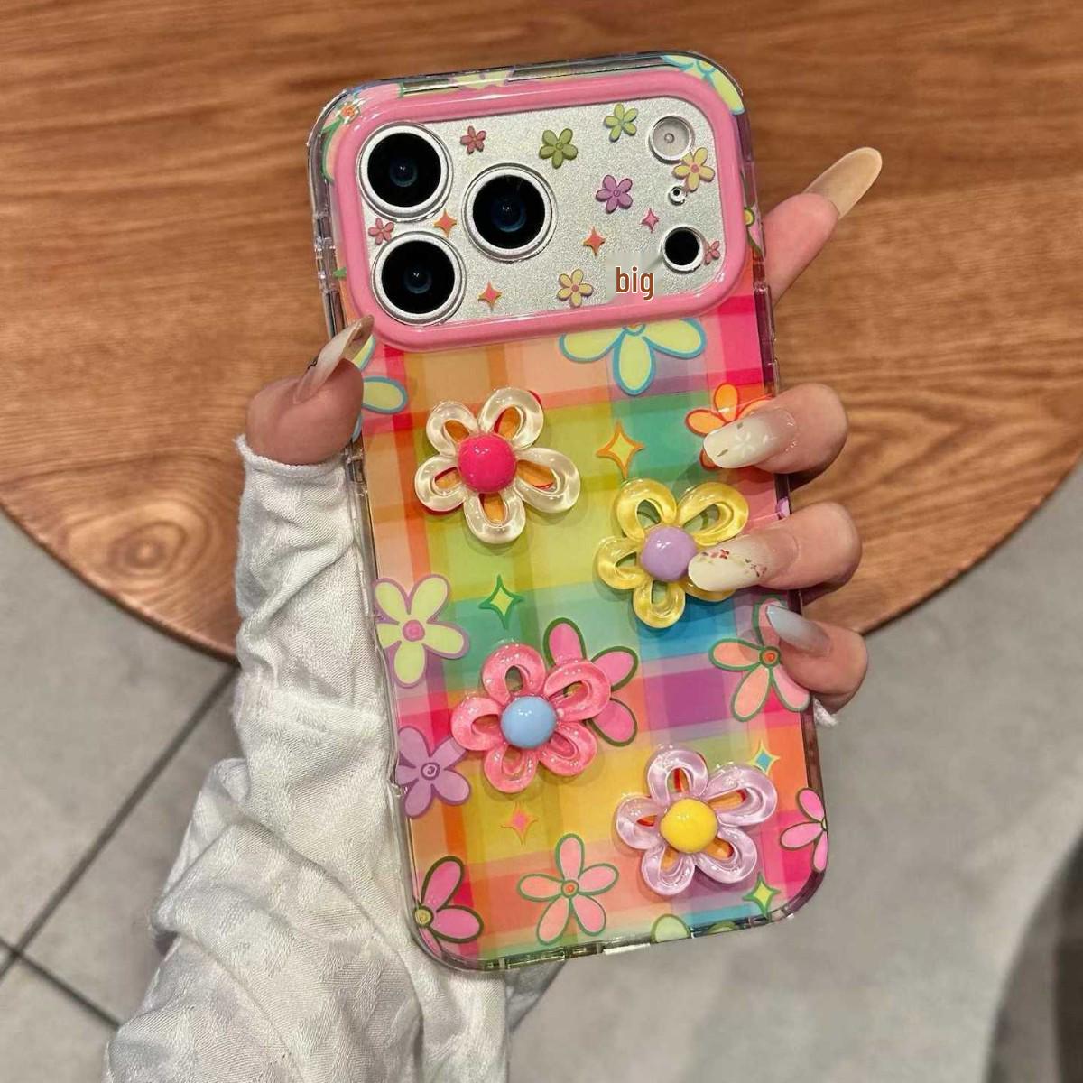 

Colorful Plaid 3D Flower iPhone 15/16 Pro Max Case for Women iPhone 16