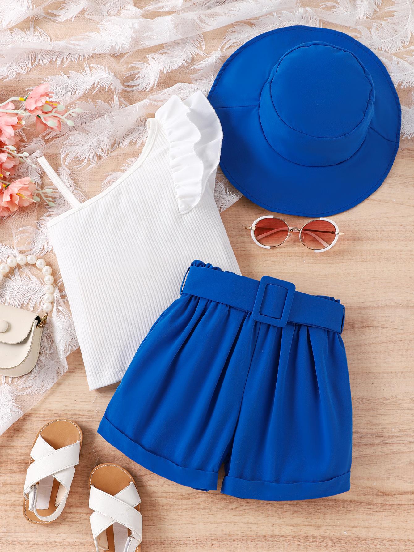 

Модный костюм для девочек, летний детский повседневный топ с косыми плечами и бретелькой через шею + шорты с поясом + шляпа 7Y синий