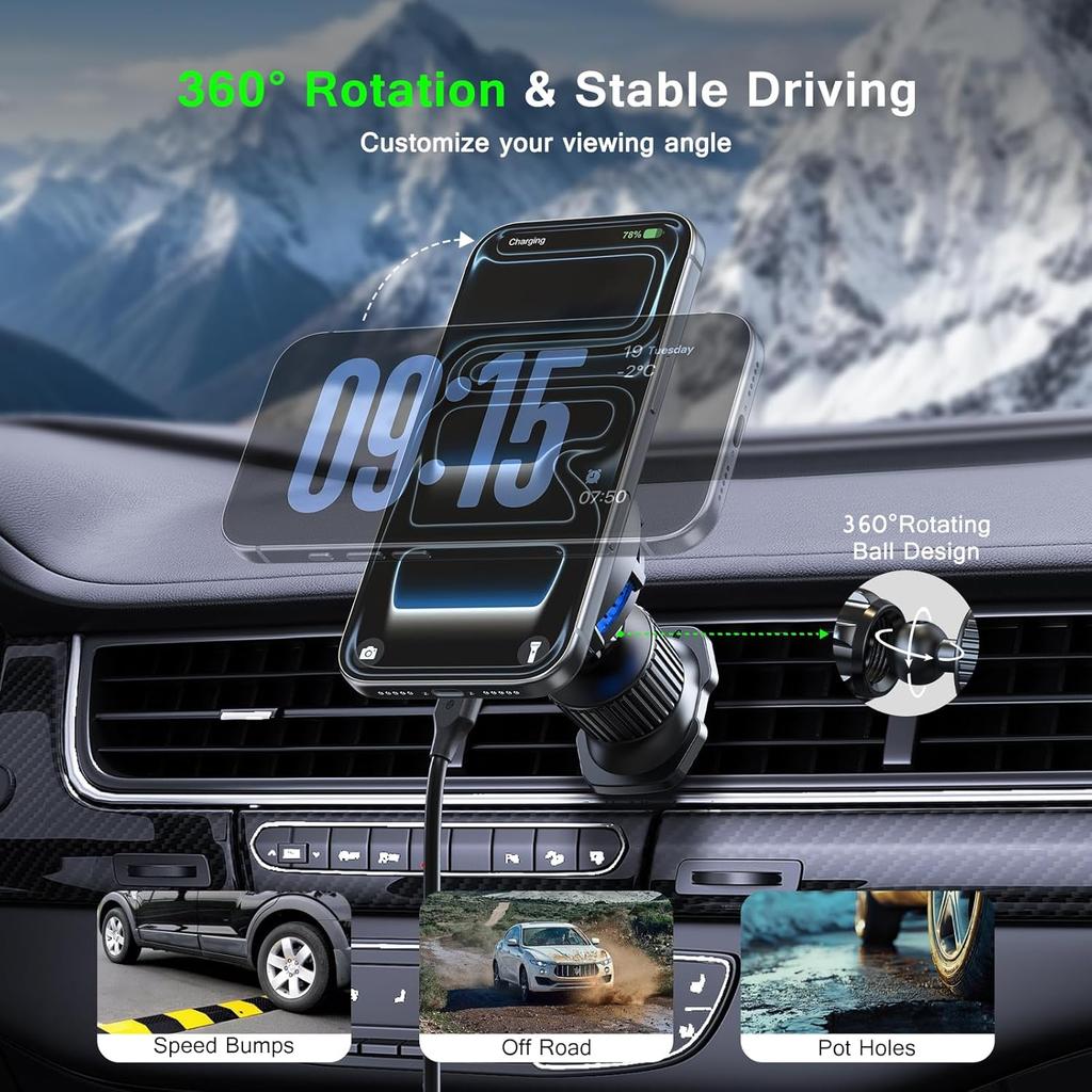 Powerful 25W 15W Wireless Magnetic Car Charger Magnet Air Vent Mount Holder for Rough Road Trips with Advanced Heat Dissipation
