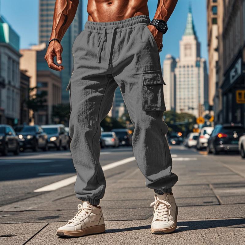 

Men s Casual Multi-pocket Trousers Closed-placket Tethered Cotton and Linen Straight-leg Leggings 3XL сірий