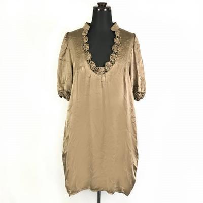 CHANTE UNE CHANSON/Robe Courte Manches Courtes Longueur Genou 100% Soie/S/1/Marron/Dentelle/Volant(UTILISÉ)